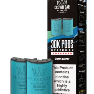 Two turquoise Crown Bar gum-mint pods in front of a black box labeled 'Crown Bar Hypermax Advanced Gum Mint' with a nicotine warning on the packaging.